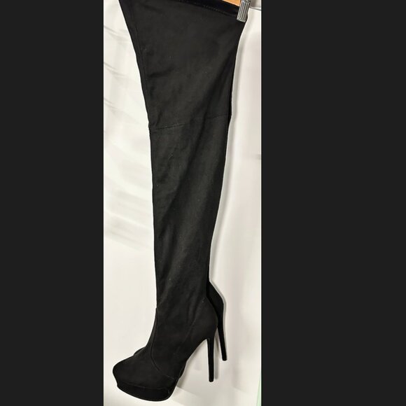 s8| Miss Lola | Black Vegan Suede Thigh-Hi Stiletto Boots | BNWT 🖤👢✨ - Picture 11 of 11